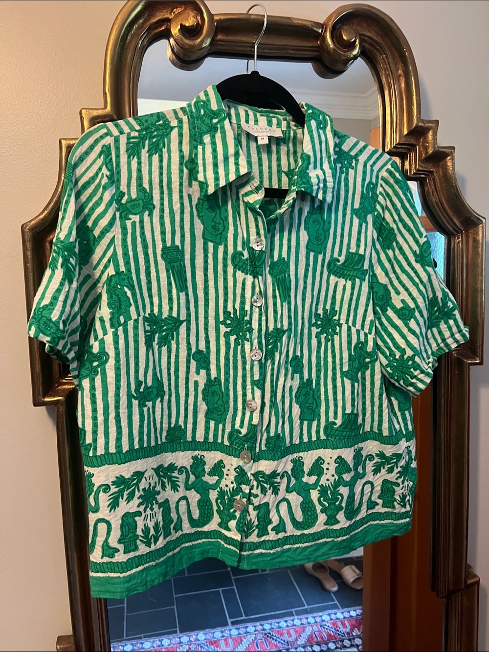 Calypso St. Barth Green and White Striped Embroidered Button-Up Top